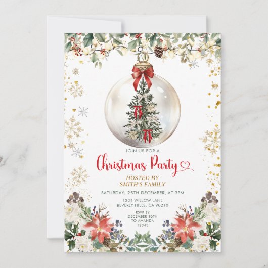 Invitation Red Bow Christmas Party Ornament Holiday Floral (Devant)