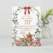 Invitation Red Bow Christmas Woman 70th Birthday Tea Party (Debout devant)