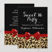 Invitation Red Bow Empreinte de léopard Sweet 16 fête d'anniv (Devant / Derrière)