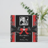 Invitation Red Bow fête d'anniversaire Black Silver Photo (Debout devant)