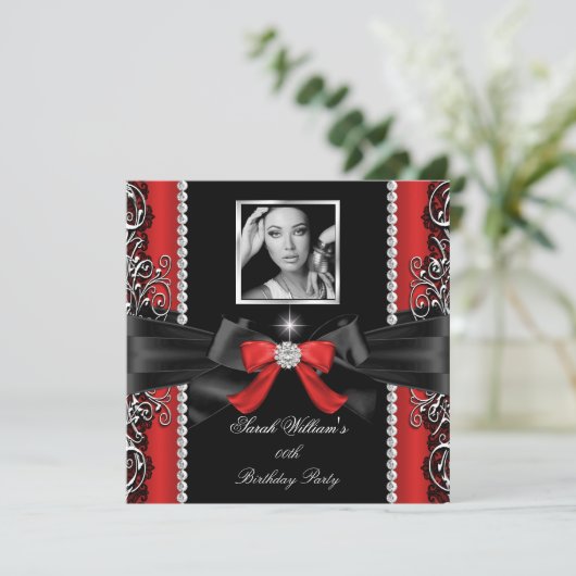 Invitation Red Bow fête d'anniversaire Black Silver Photo (Debout devant)