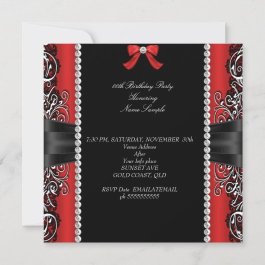 Invitation Red Bow fête d'anniversaire Black Silver Photo (Dos)