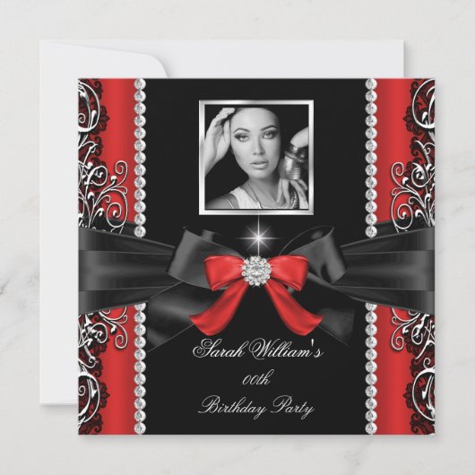Invitation Red Bow fête d'anniversaire Black Silver Photo (Devant)