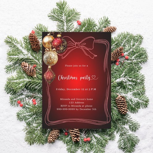 Invitation Red bow gold baubles hand-drawn Christmas Party