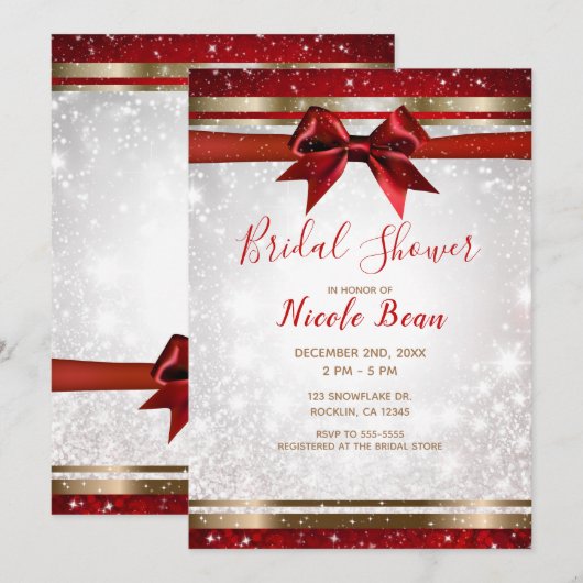 Invitation Red Bow & Gold White Sparkle Fête des mariées de v (Devant / Derrière)
