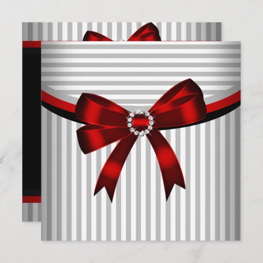 Invitation Red Bow Grey Black White Strik Anniversaire (Devant / Derrière)