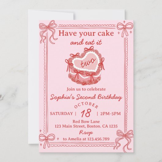 Invitation Red Bow Have Your Cake and Eat It Two Birthday (Devant)