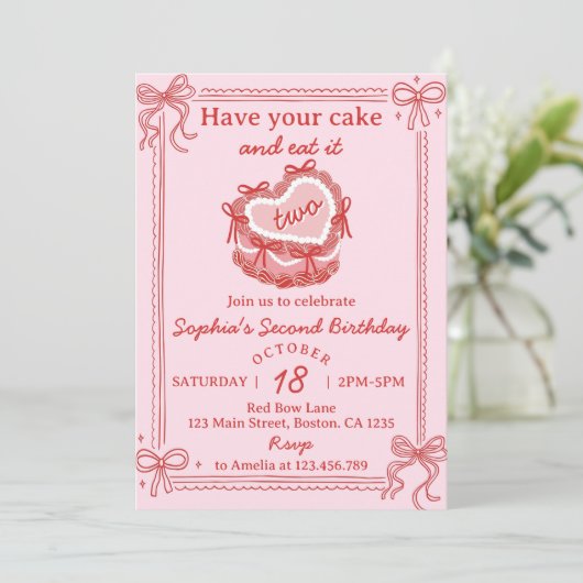 Invitation Red Bow Have Your Cake and Eat It Two Birthday (Debout devant)