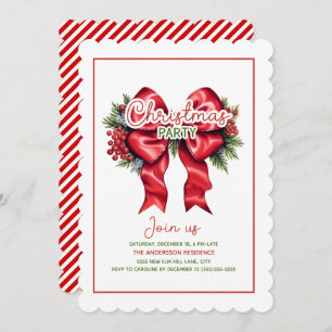 Invitation Red Bow Holly Berries Scalloped Christmas Party