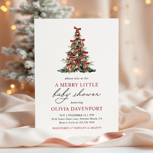 Invitation Red Bow Merry Little Christmas Tree Baby Shower