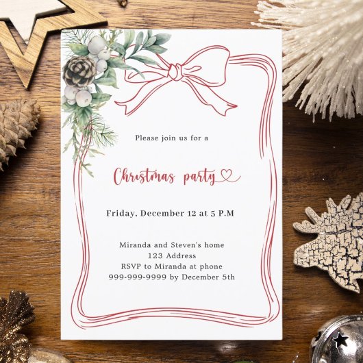 Invitation Red bow pine greenery Christmas Party