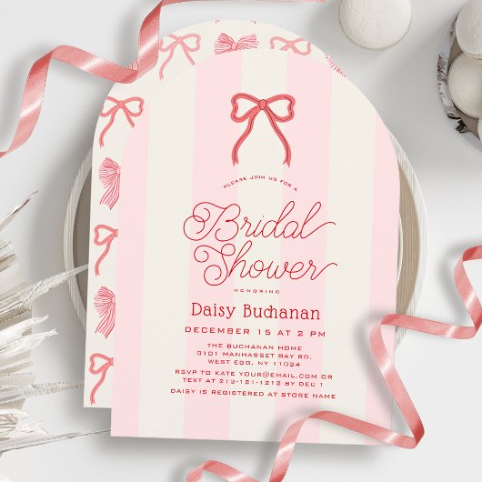 Invitation Red Bow & Pink Stripes Bridal Shower
