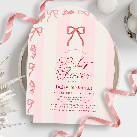 Invitation Red Bow & Pink Stripes Girl Baby Shower