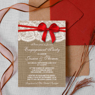 Invitation Red Bow Rustic Burlap & Lace Engagement Party
