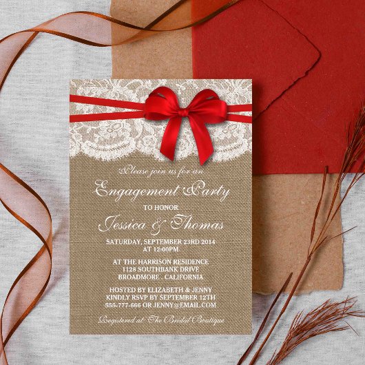 Invitation Red Bow Rustic Burlap & Lace Engagement Party