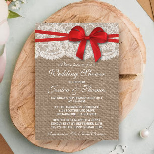 Invitation Red Bow Rustic Burlap & Lace Wedding shower