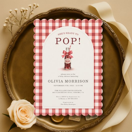 Invitation Red Bow She's Ready to Pop Gingham Baby Shower