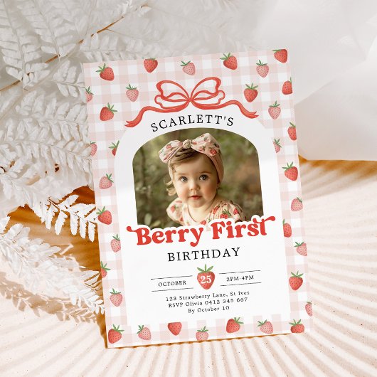 Invitation Red Bow Strawberry Berry First Birthday Photo