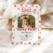 Invitation Red Bow Strawberry Berry First Birthday Photo