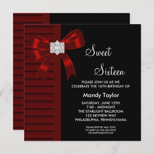Invitation Red Bow Sweet 16 Anniversaire (Devant / Derrière)