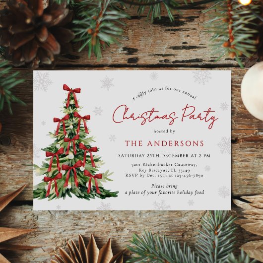 Invitation Red Bow Traditional Tree Christmas Party