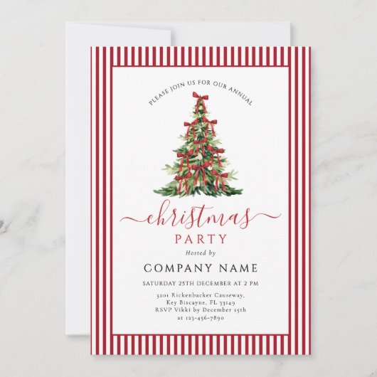 Invitation Red Bow Traditional Tree Christmas Party (Devant)