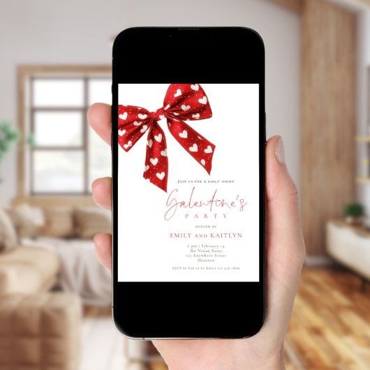Invitation Red Bow White Hearts Galentines