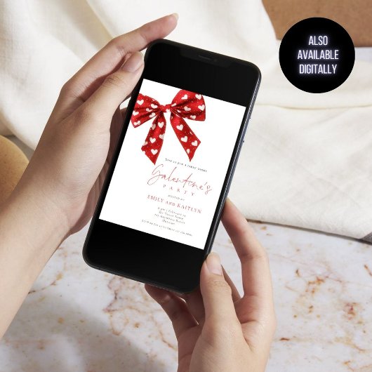 Invitation Red Bow White Hearts Galentines