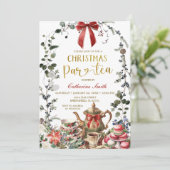 Invitation Red Bow Winter Greenery Christmas Tea Party (Debout devant)