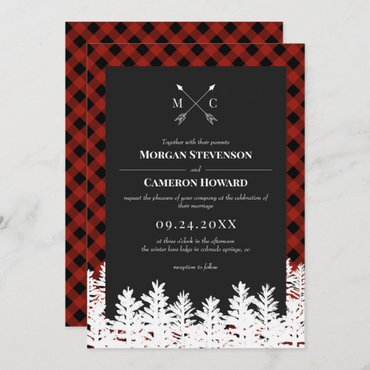 Invitation Red Buffalo Check Russe Flèche Mariage Monogramme (Devant / Derrière)