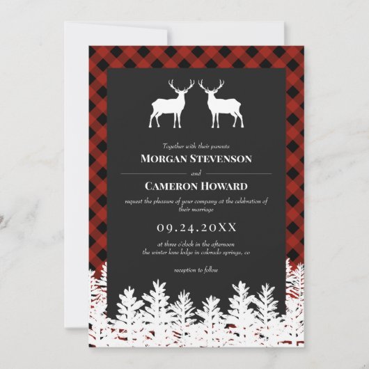 Invitation Red Buffalo Check Rustic Deer Bucks Mariage (Devant)