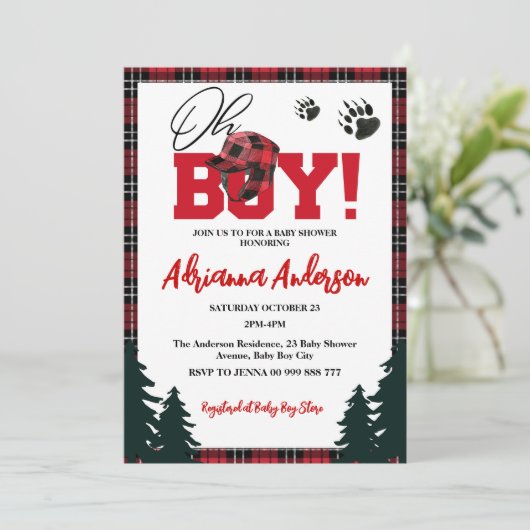 Invitation Red Buffalo Plaid Adventure Mountain Baby shower (Debout devant)