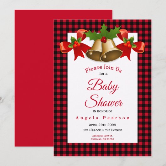 Invitation Red Buffalo Plaid Christmas Boy Baby shower (Devant / Derrière)