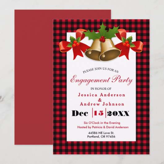 Invitation Red Buffalo Plaid Christmas Holiday Holly Bells (Devant / Derrière)