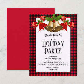 Invitation Red Buffalo Plaid Christmas Holly Bells