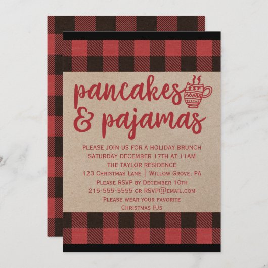Invitation Red Buffalo Plaid Pancakes et Pajamas Party (Devant / Derrière)