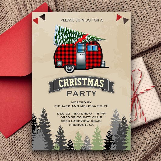 Invitation Red Buffalo Plaid Retro Camping fête de Noël