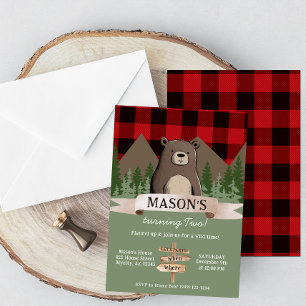 Invitation Red Buffalo Plaid Wilderness Bear Anniversaire