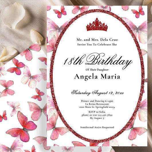 Invitation Red Butterflies Glam 18th Birthday Debut