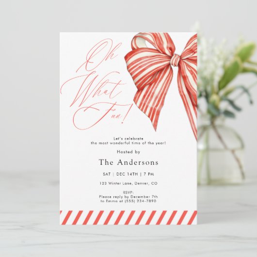 Invitation Red Candy Stripe Oh What Fun Christmas Party (Debout devant)