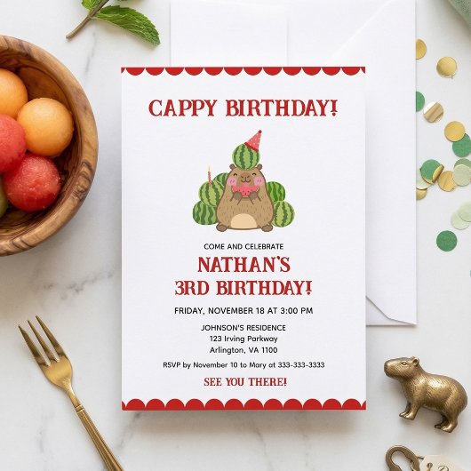 Invitation Red Capybara Watermelon Kids Fun Cappy Anniversair