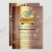 Invitation Red Car Christmas Brunch Dinner Tree Gold Stars (Devant / Derrière)