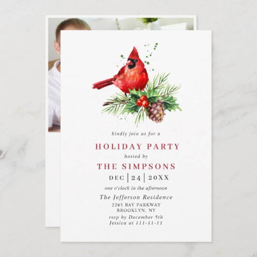 Invitation Red Cardinal Holly Berry Fête de Noël (Devant / Derrière)