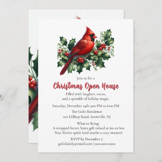 Invitation Red Cardinal with Holly Christmas Open House (Devant / Derrière)