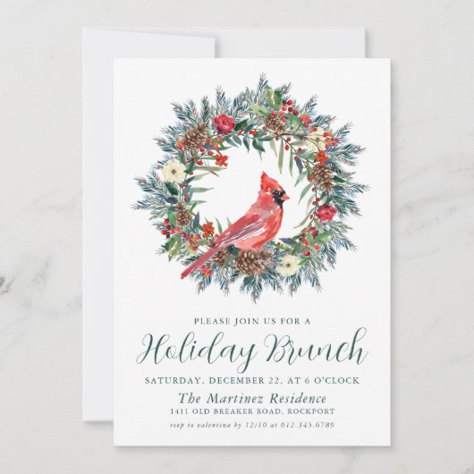 Invitation Red Cardinal Wreath Holiday Brunch (Devant)