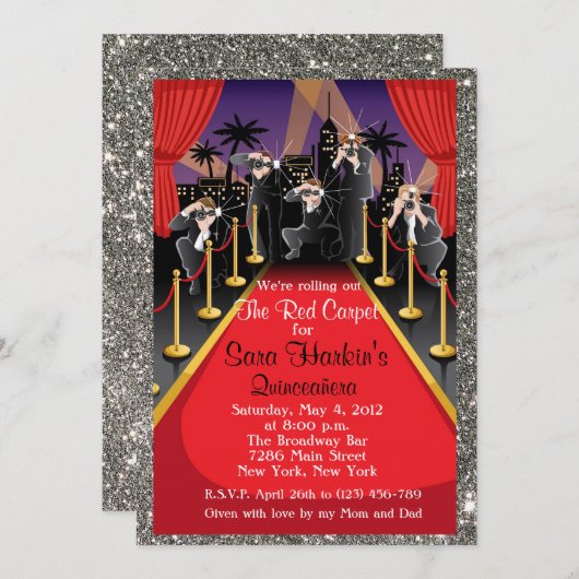 Invitation Red Carpet Hollywood Parties scintillant Quinceañe (Devant / Derrière)