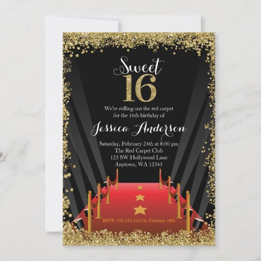 Invitation Red Carpet Hollywood Parties scintillant Sweet 16  (Devant)