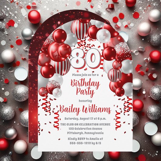 Invitation Red Celebration Balloons 80th Birthday Party