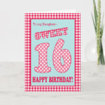 Invitation Red Check<br><div class="desc">A Sweet 16th Birthday Card for a Daughter,  with a pretty,  retro feel. The letters,  numbers and border are in red and white check gingham and polka dots on sky blue background. Tu peux changer le message.</div>