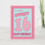 Invitation Red Check Polkas Sweet 16e anniversaire pour ami<br><div class="desc">Sweet 16th Birthday Card for a Friend,  with a pretty,  retro feel. The letters,  numbers and border are in red and white check gingham and polka dots on sky blue background. Tu peux changer le message.</div>